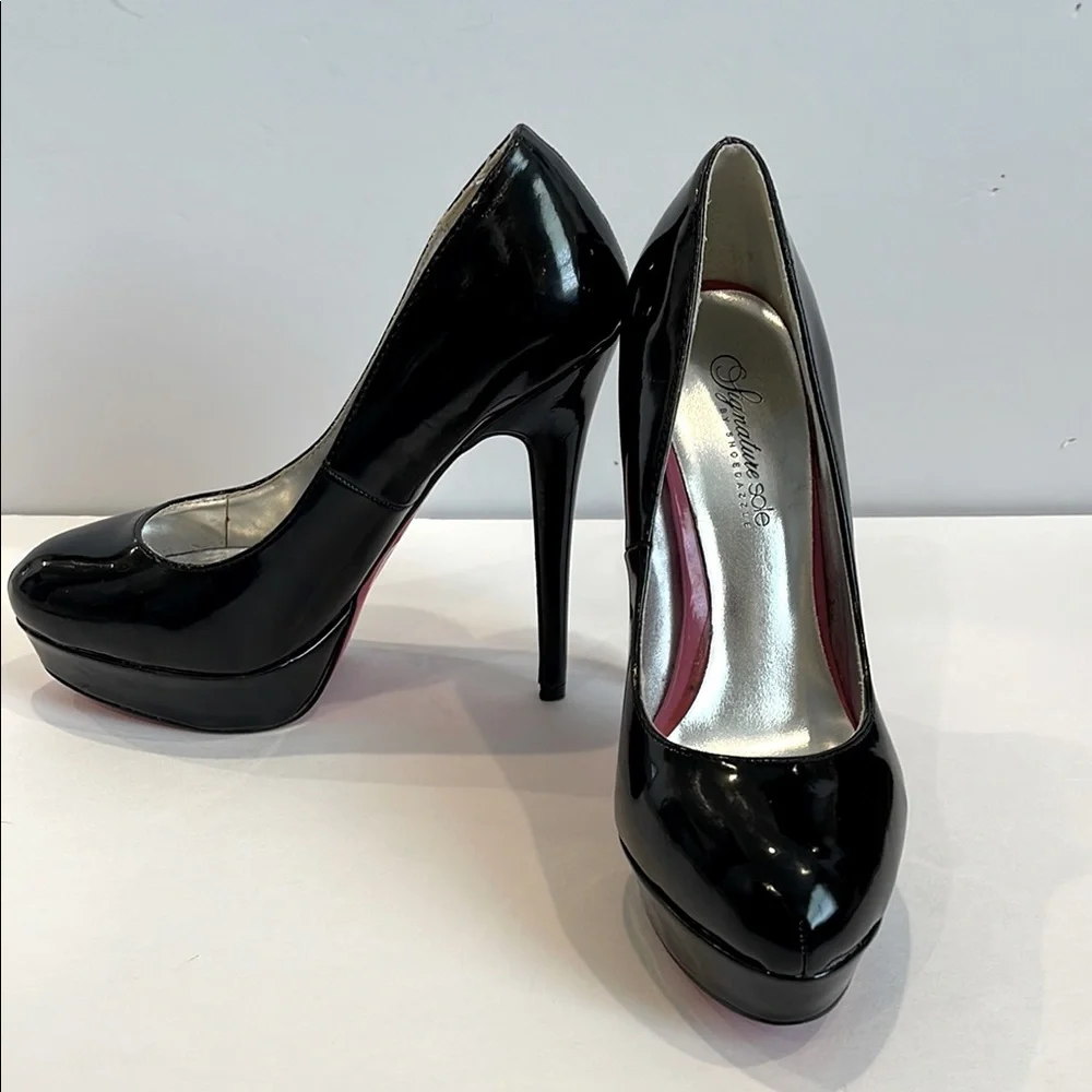Signature Sole Black Patent Pink Bottom‎ Platform Heels 7.5